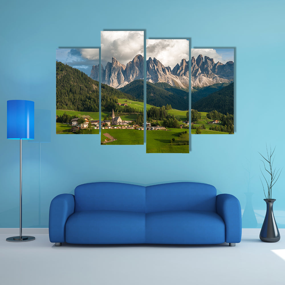 The beauty of the Santa Maddalena Village and the Dolomites, Val di Funes, Italy Multi Panel Canvas Wall Art