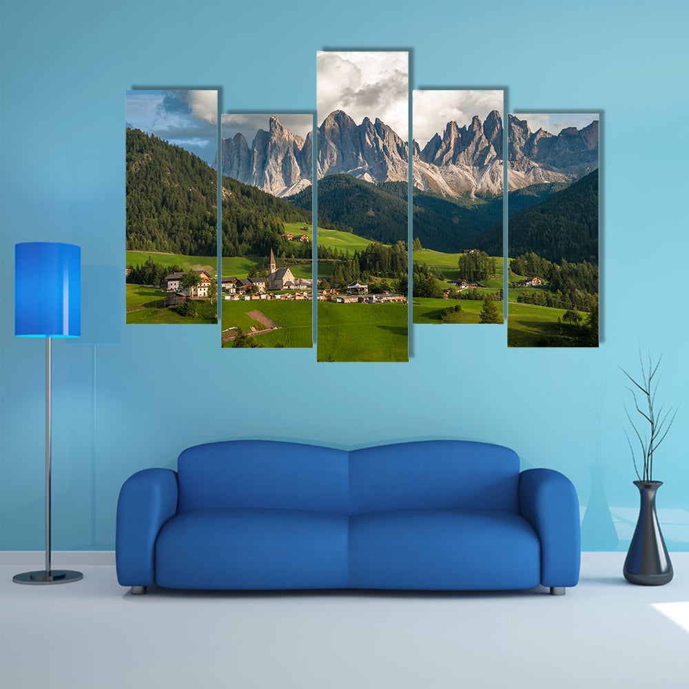 The beauty of the Santa Maddalena Village and the Dolomites, Val di Funes, Italy Multi Panel Canvas Wall Art