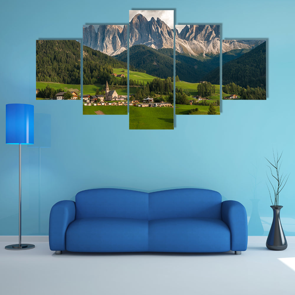 The beauty of the Santa Maddalena Village and the Dolomites, Val di Funes, Italy Multi Panel Canvas Wall Art