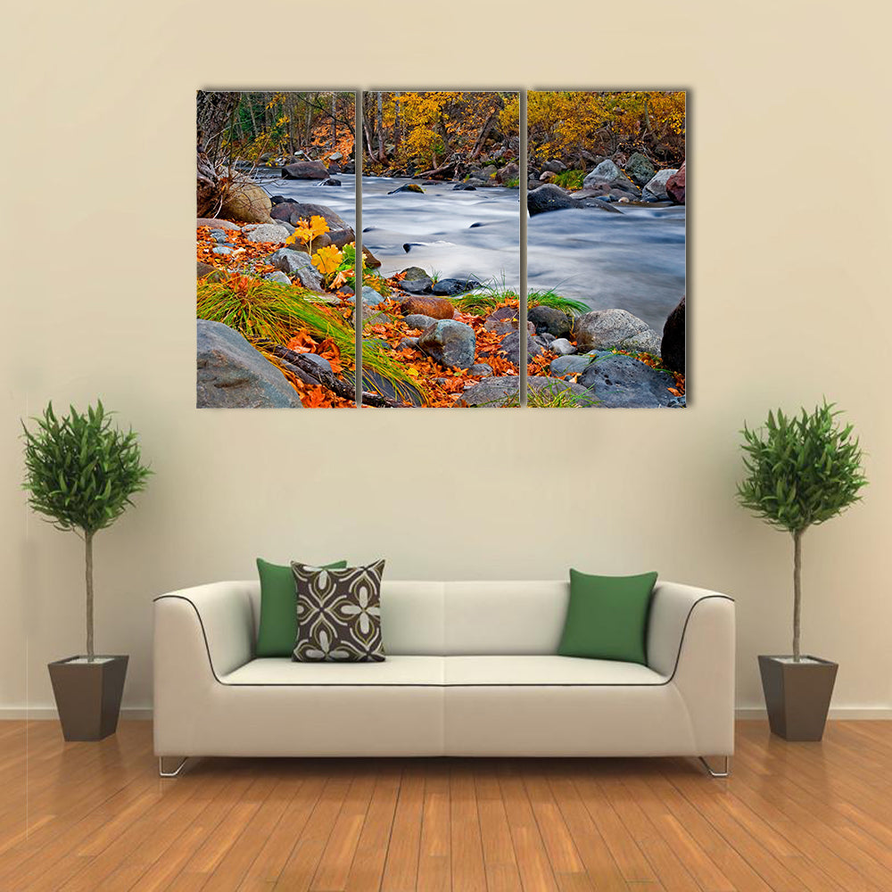 Creek in the forest in Autumn multi panel canvas wall art