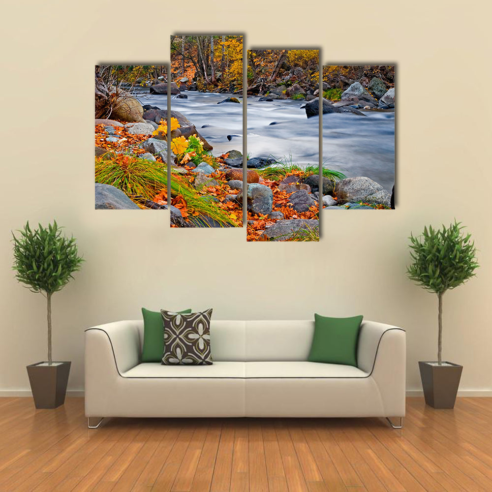 Creek in the forest in Autumn multi panel canvas wall art