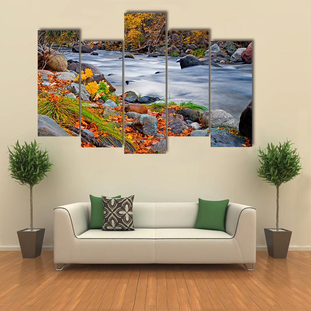 Creek in the forest in Autumn multi panel canvas wall art