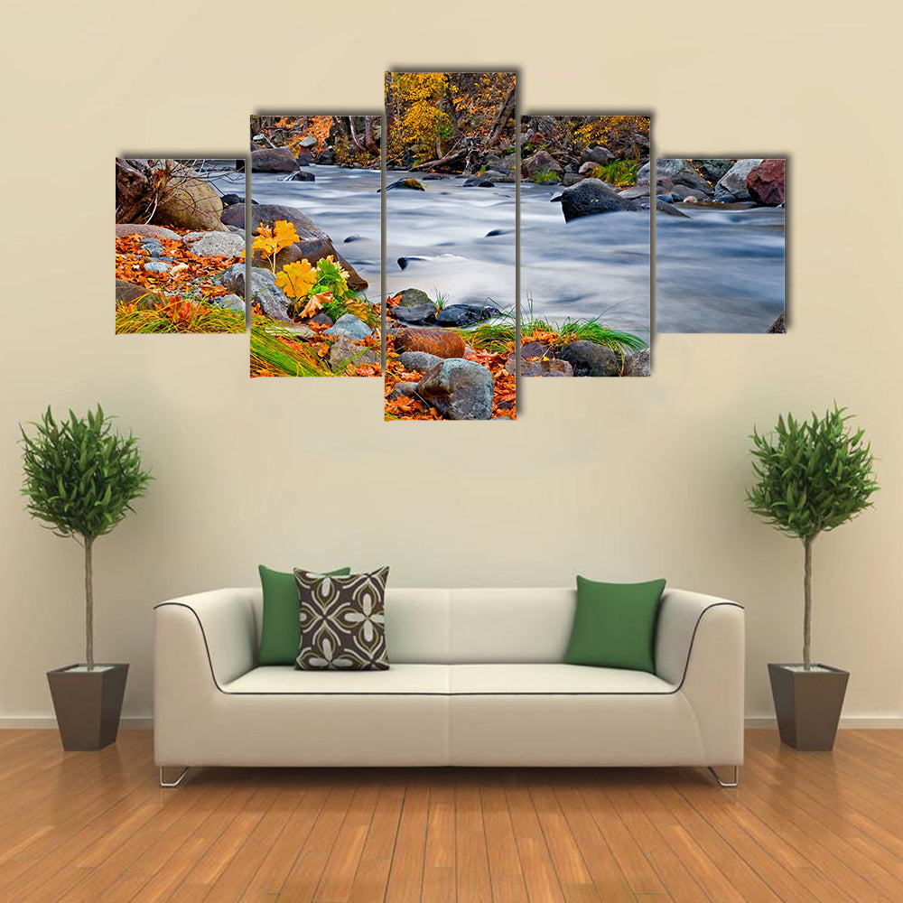 Creek in the forest in Autumn multi panel canvas wall art