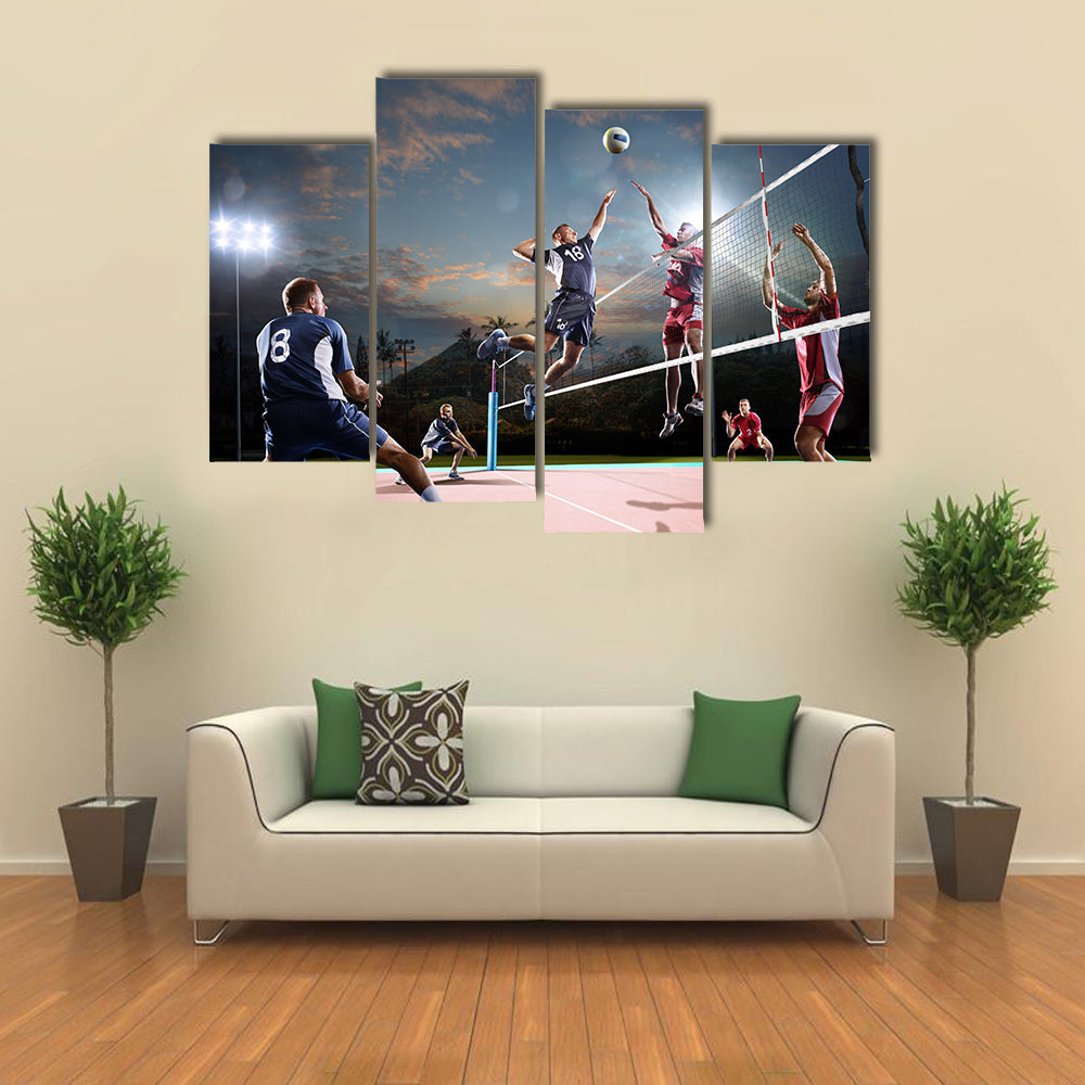 volleyball players in action on the open air court Multi panel canvas wall art