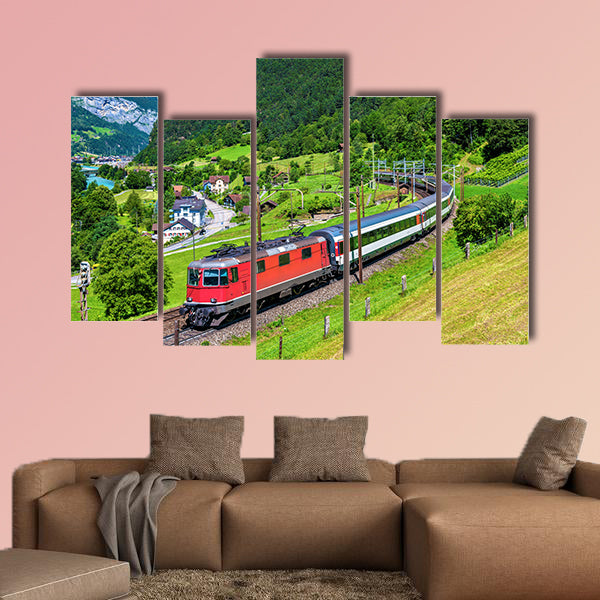Intercity train climbs up the Gotthard railway, multi panel canvas wall art
