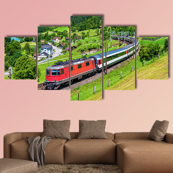 Intercity train climbs up the Gotthard railway, multi panel canvas wall art