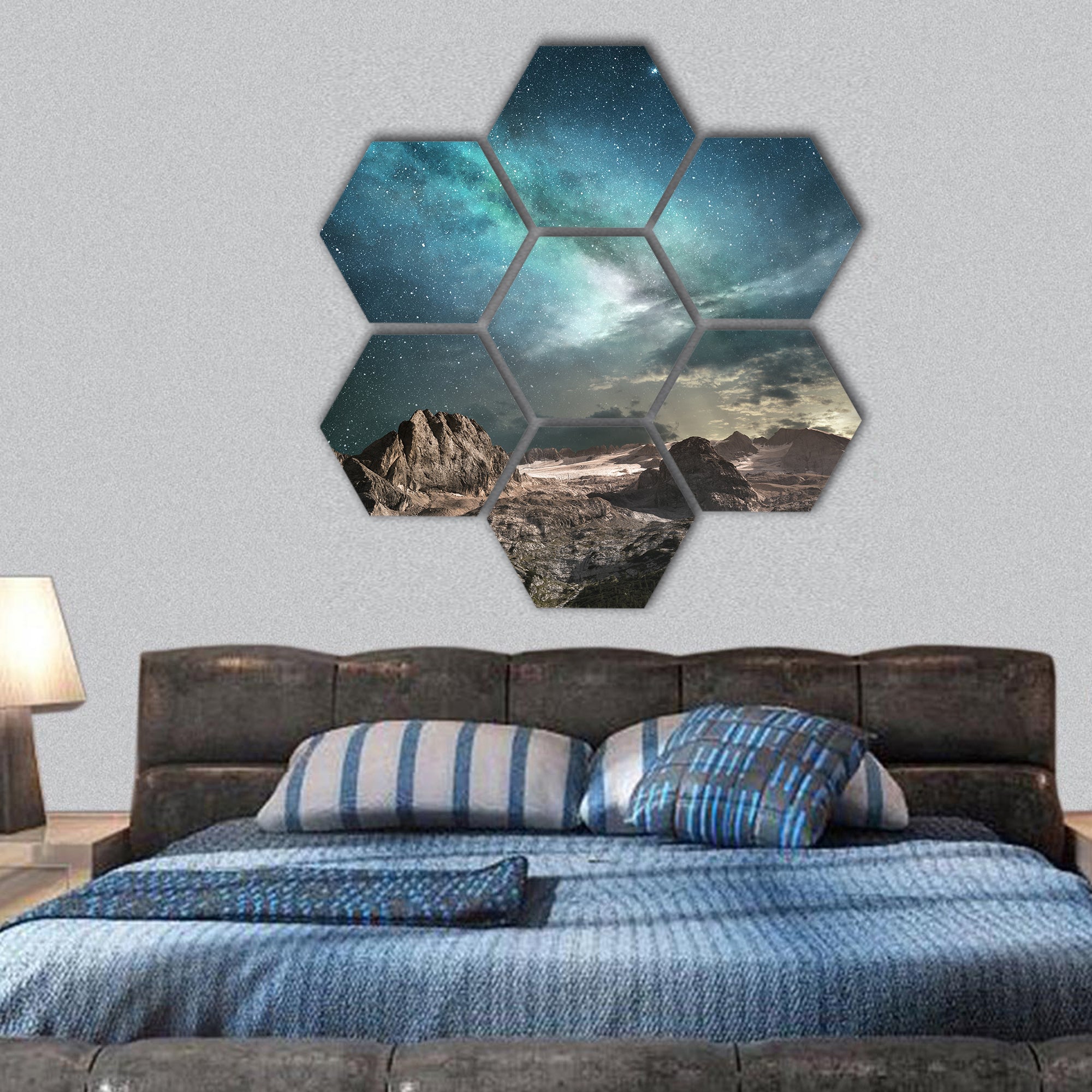 milky way at dawn on a mountain landscape hexagonal canvas wall art