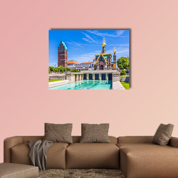 People visit Mathildenhoehe in Darmstadt multi panel canvas wall art