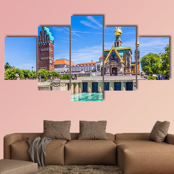 People visit Mathildenhoehe in Darmstadt multi panel canvas wall art