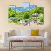 Bridge and stream in Valbona valley with Albanian Alps background Multi Panel Canvas Wall Art