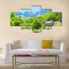 Bridge and stream in Valbona valley with Albanian Alps background Multi Panel Canvas Wall Art