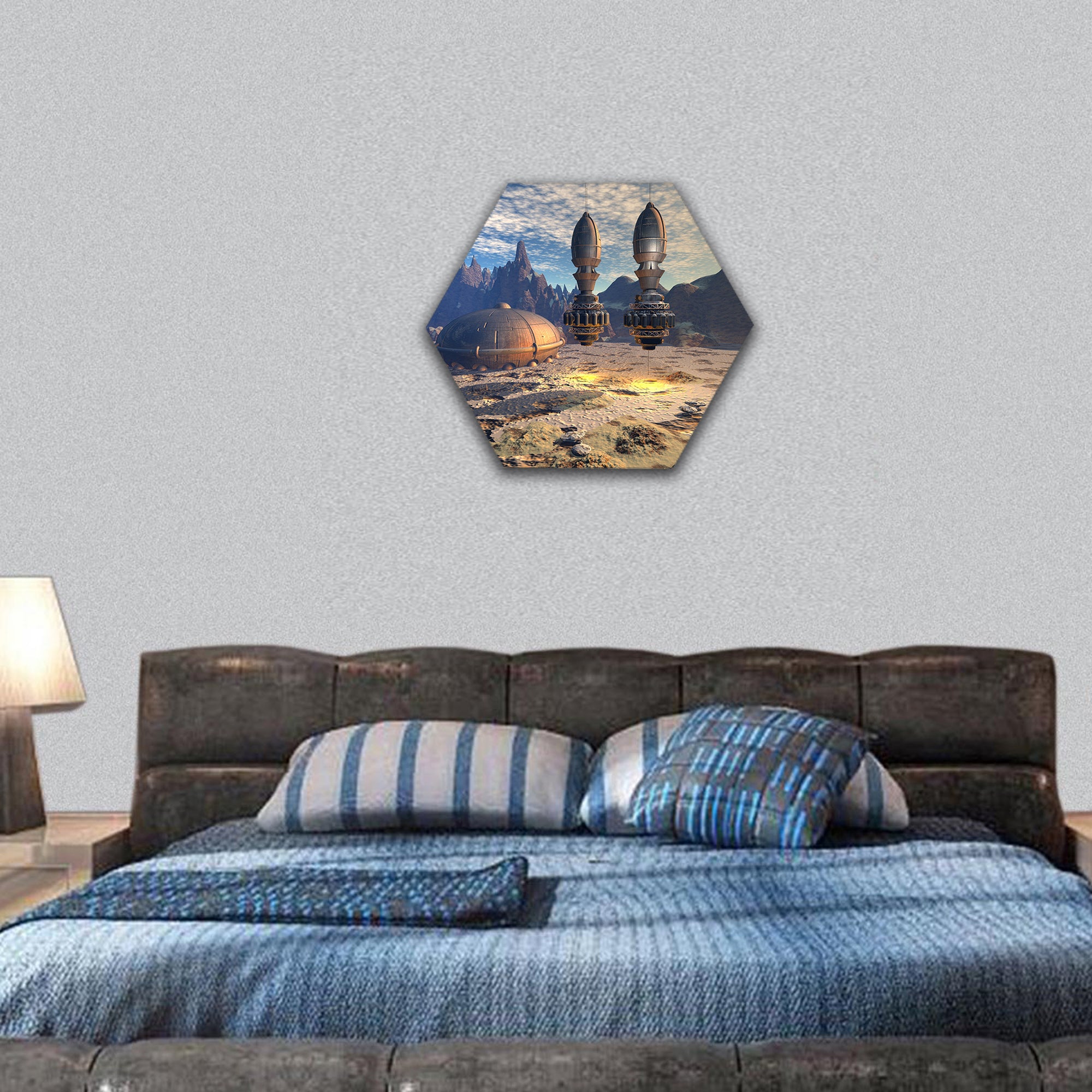 Alien UFO space ship in futuristic landscape hexagonal canvas wall art