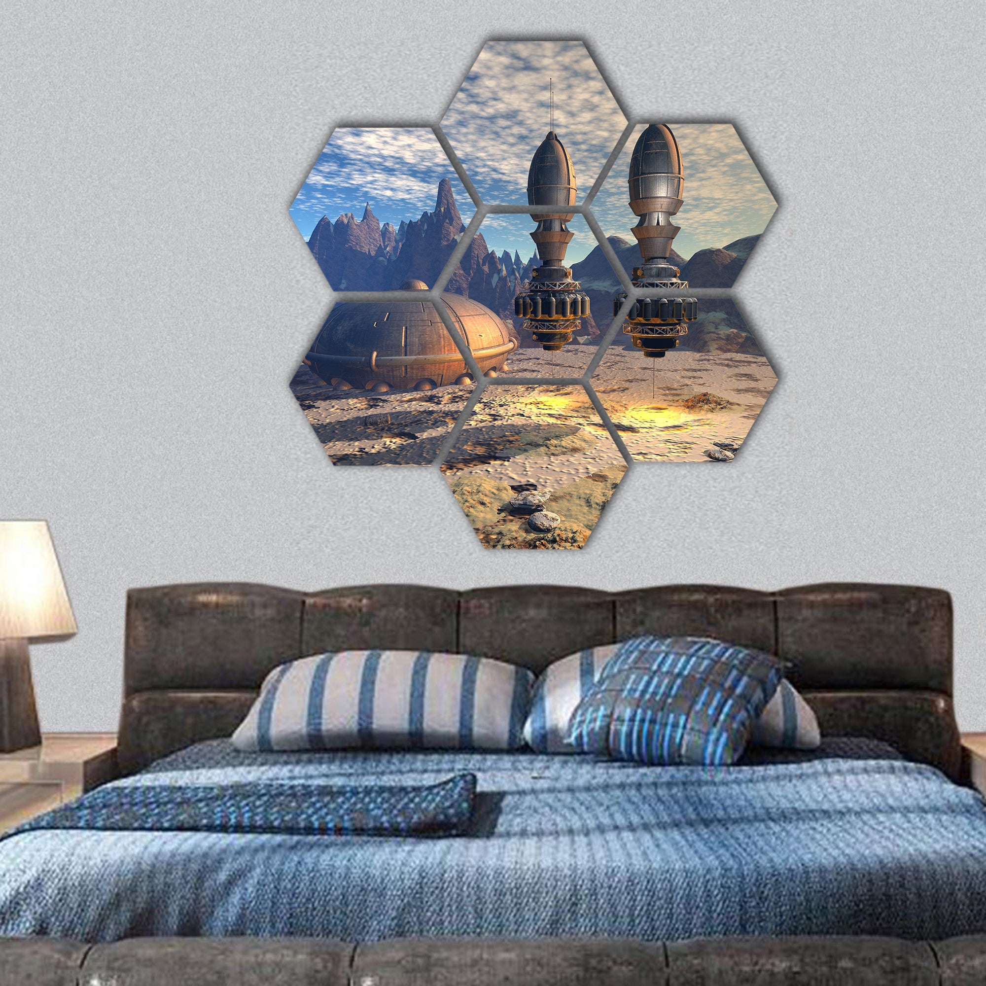 Alien UFO space ship in futuristic landscape hexagonal canvas wall art