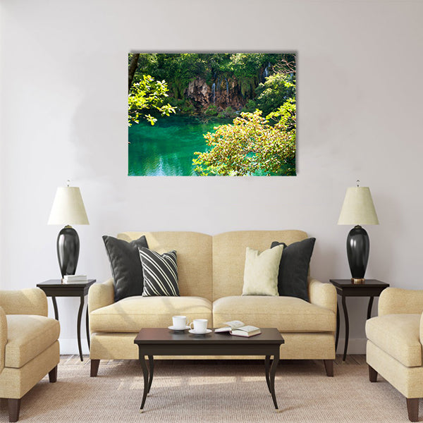 Lake with transparent emerald water multi panel canvas wall art