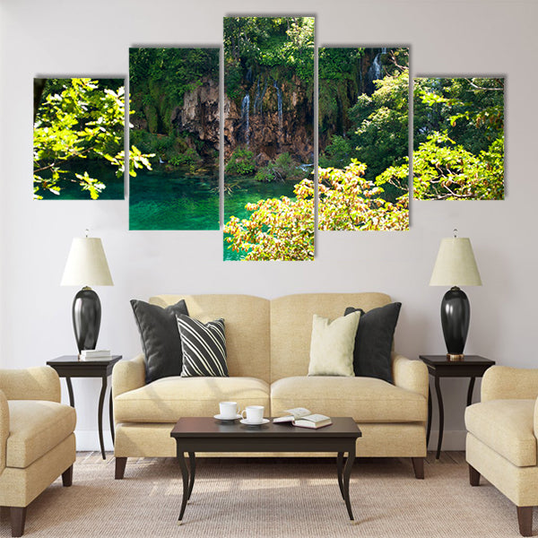 Lake with transparent emerald water multi panel canvas wall art