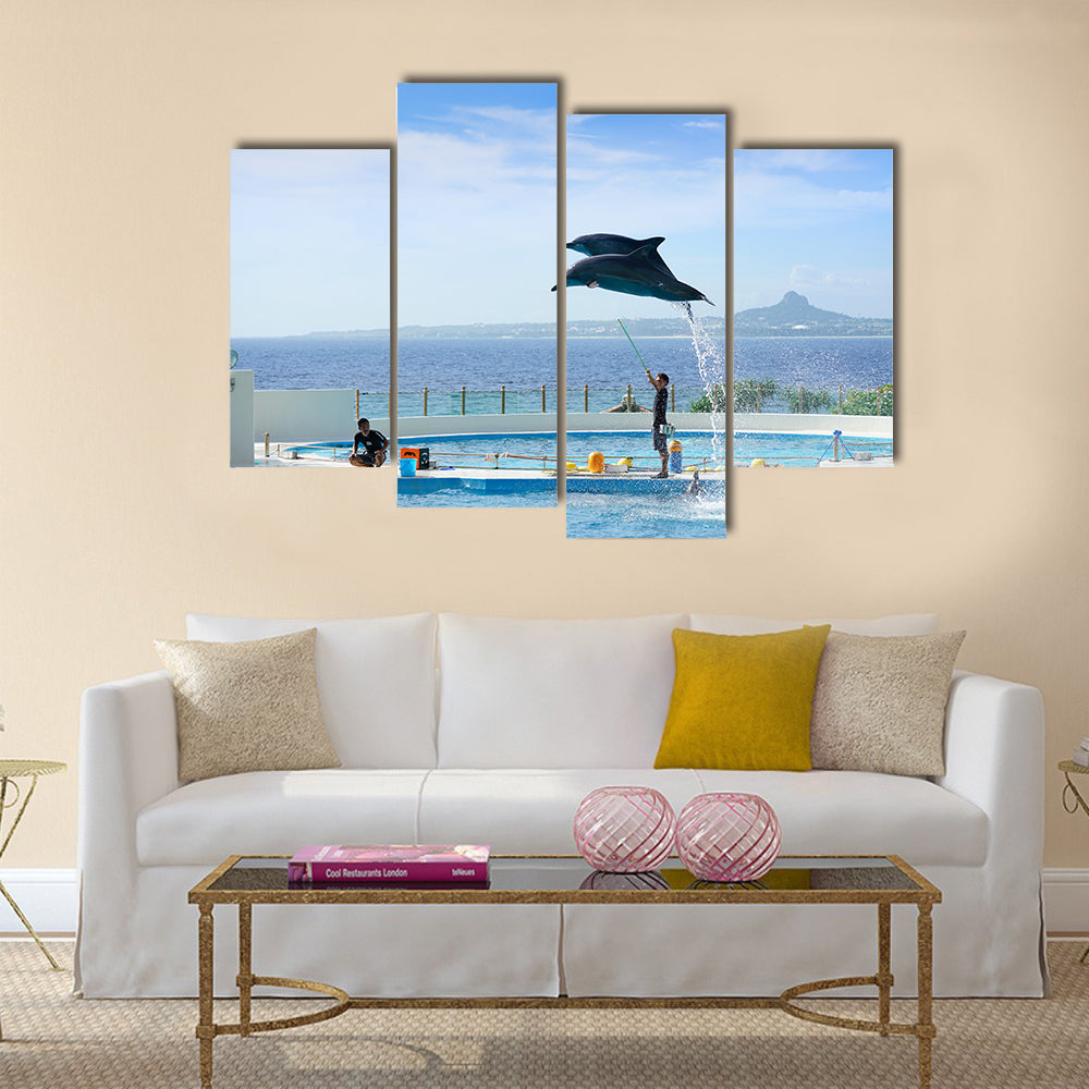 Okinawa, Japan - October 22, 2016: Dolphin Show at Okinawa ocean expo park multi panel canvas wall art