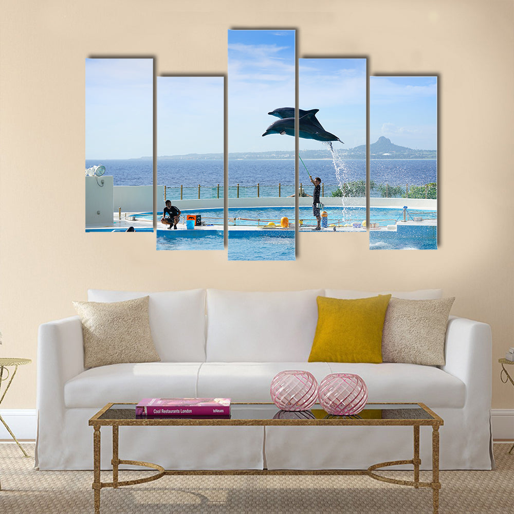 Okinawa, Japan - October 22, 2016: Dolphin Show at Okinawa ocean expo park multi panel canvas wall art