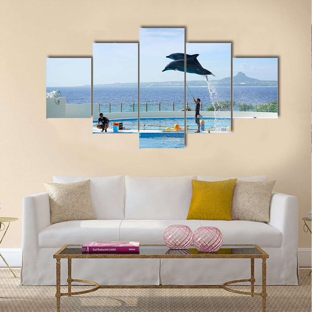 Okinawa, Japan - October 22, 2016: Dolphin Show at Okinawa ocean expo park multi panel canvas wall art