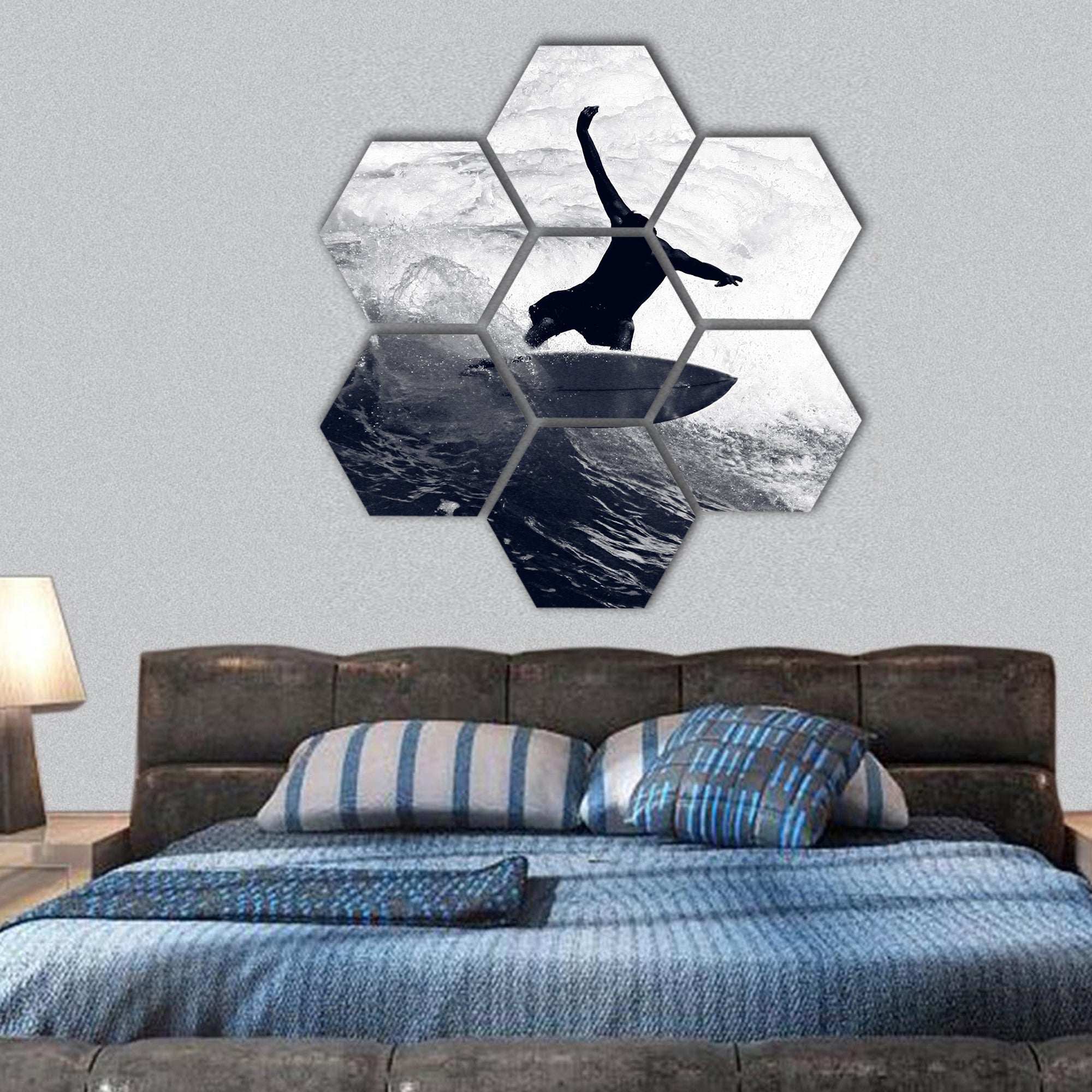 Awesome Shot of a Surfer Riding the Waves hexagonal canvas wall art