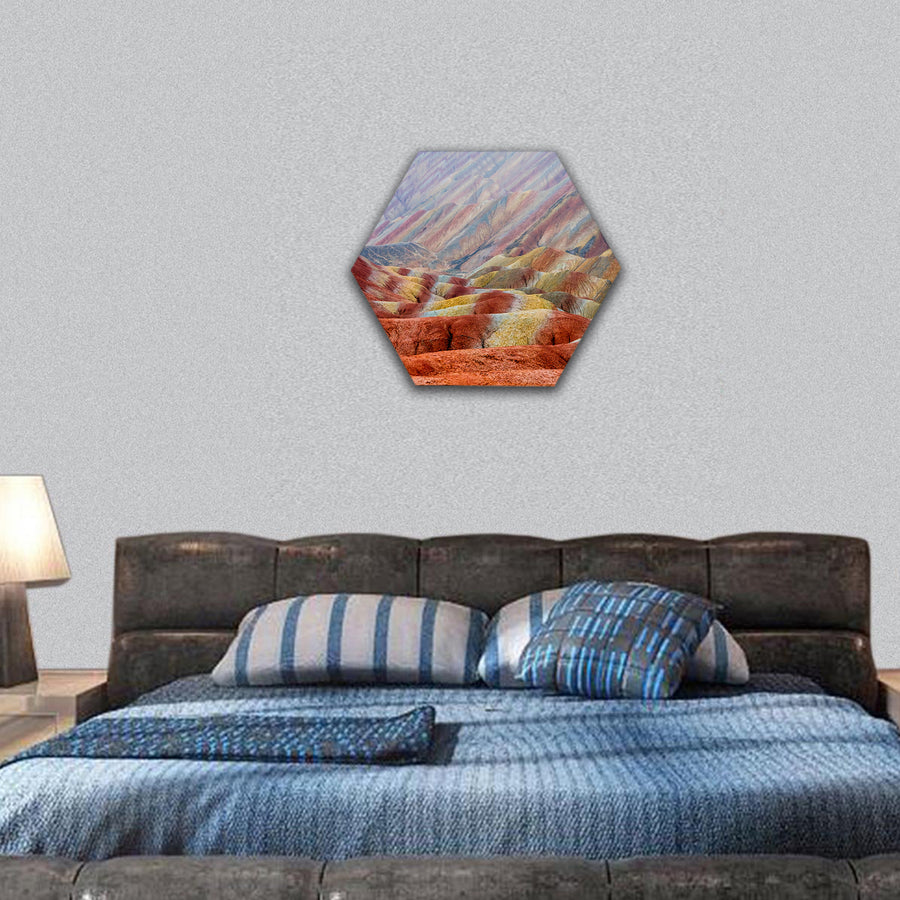 landscape of rainbow mountains at Zhangye Danxia Geopark hexagonal canvas wall art