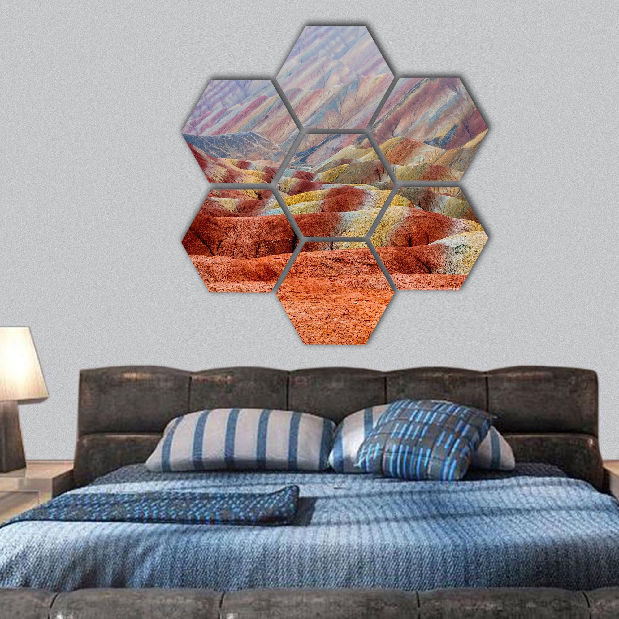 landscape of rainbow mountains at Zhangye Danxia Geopark hexagonal canvas wall art