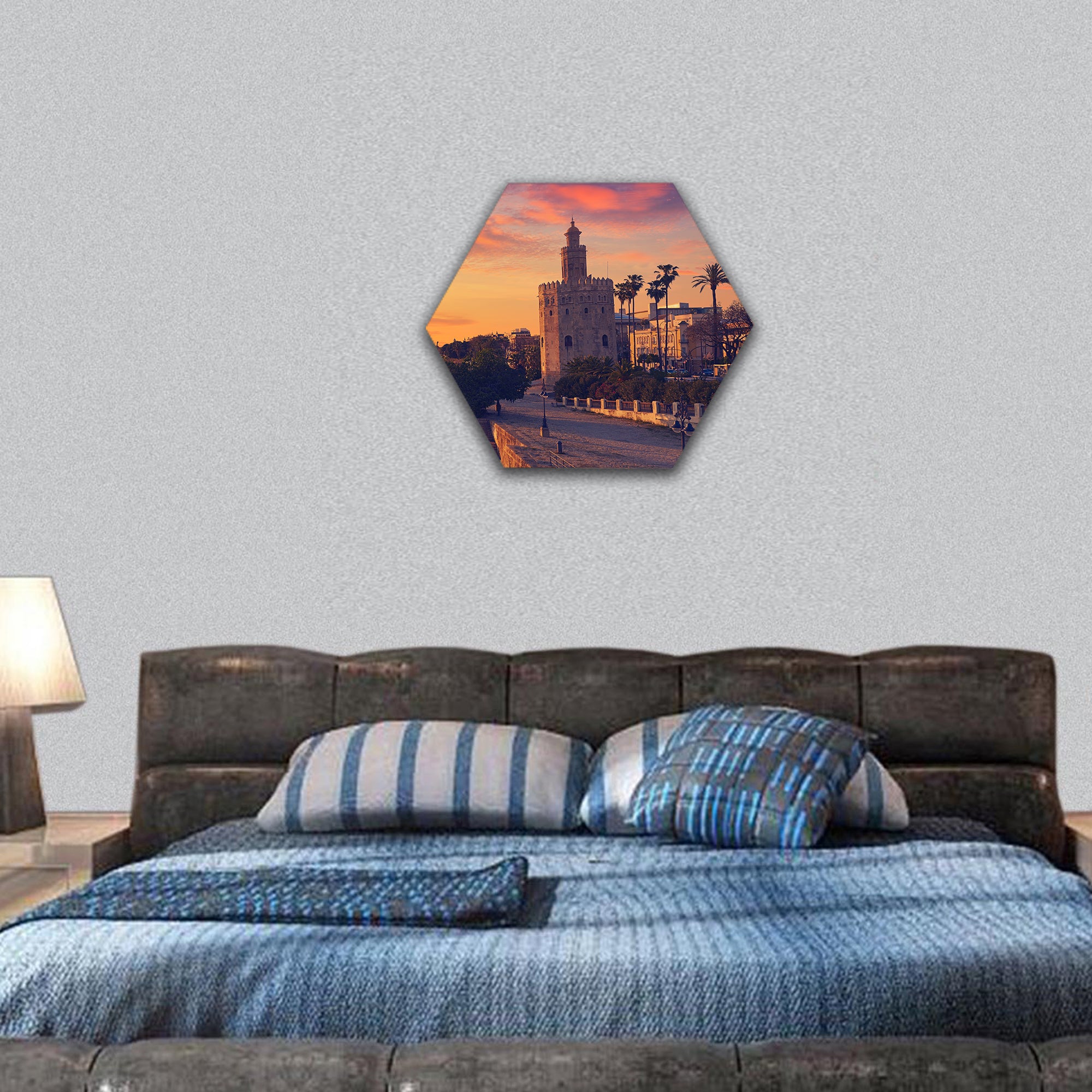 Seville sunset skyline torre del Oro in Sevilla Andalusia Spain hexagonal canvas wall art