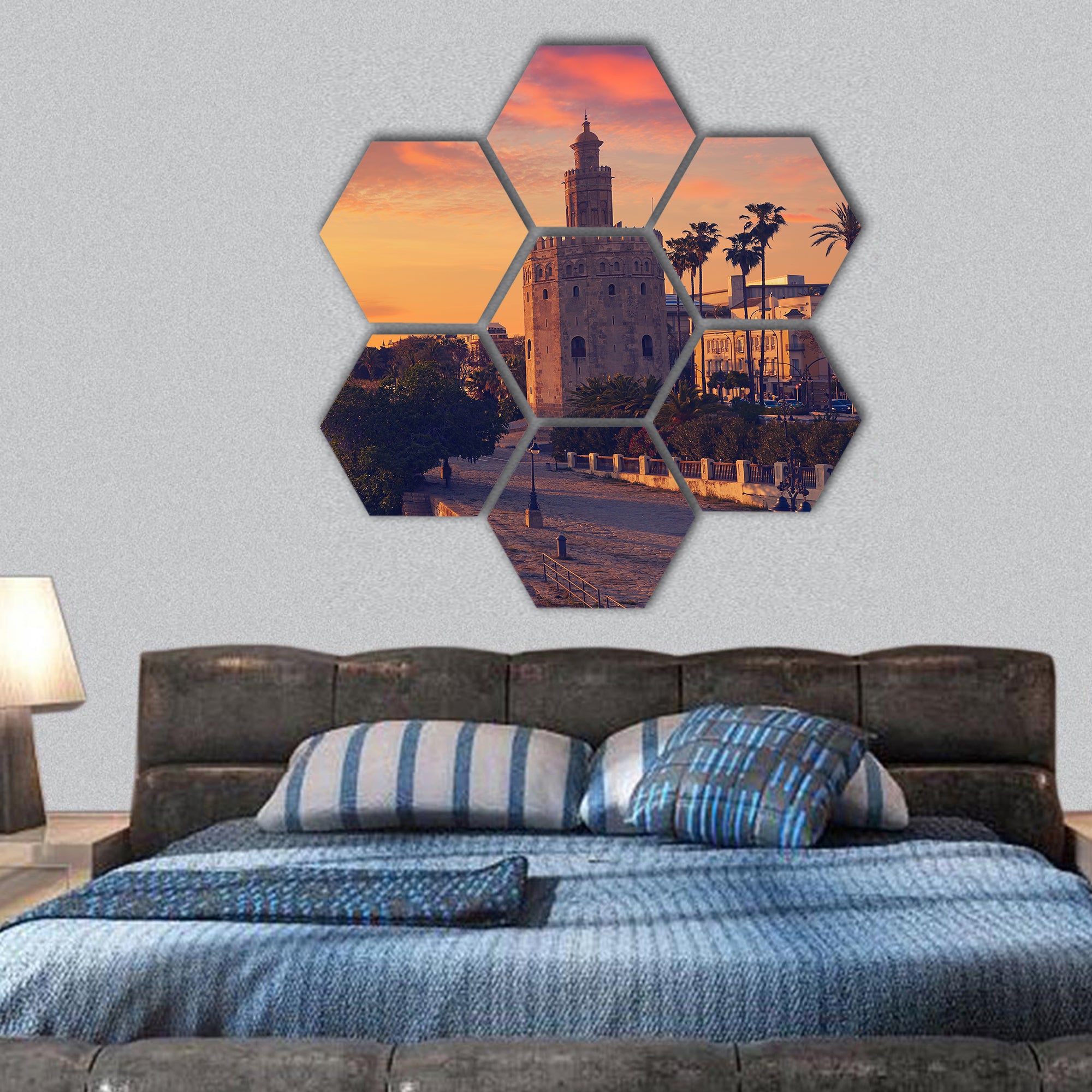 Seville sunset skyline torre del Oro in Sevilla Andalusia Spain hexagonal canvas wall art