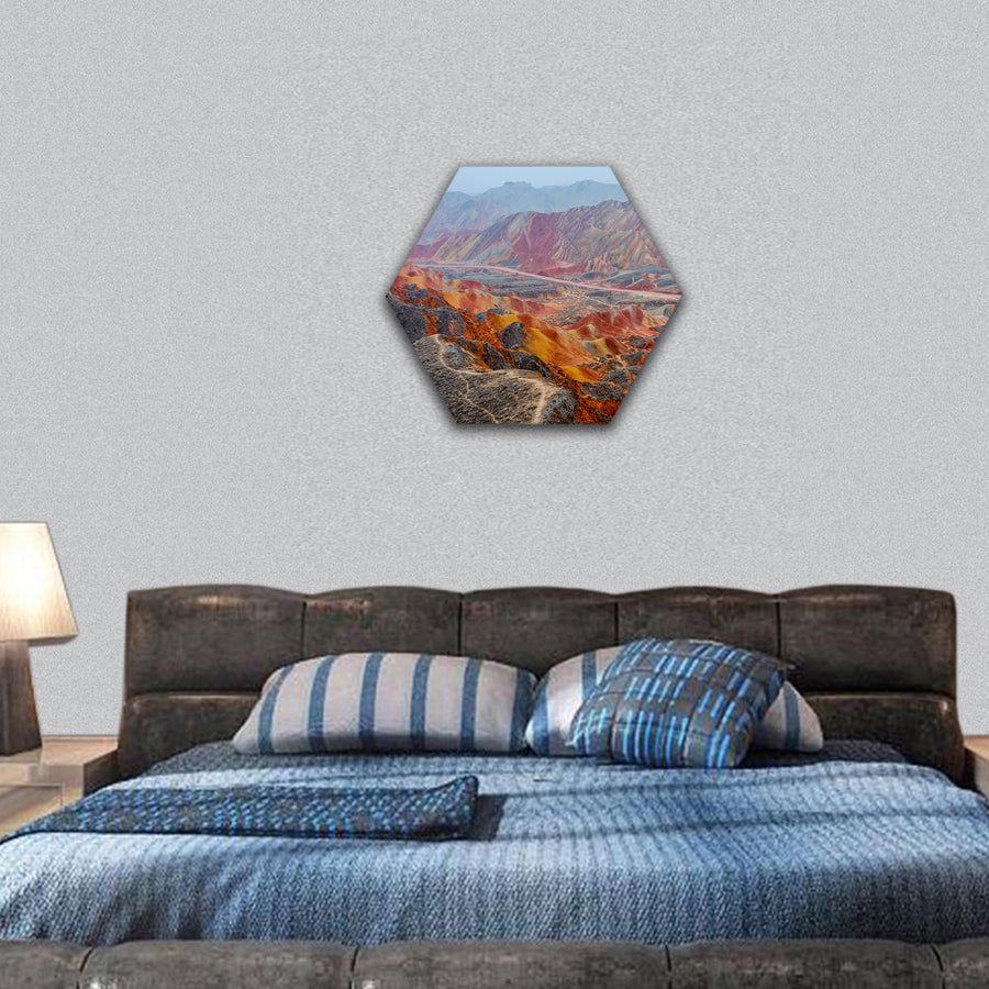 landscape of rainbow mountains at Zhangye Danxia Geopark hexagonal canvas wall art