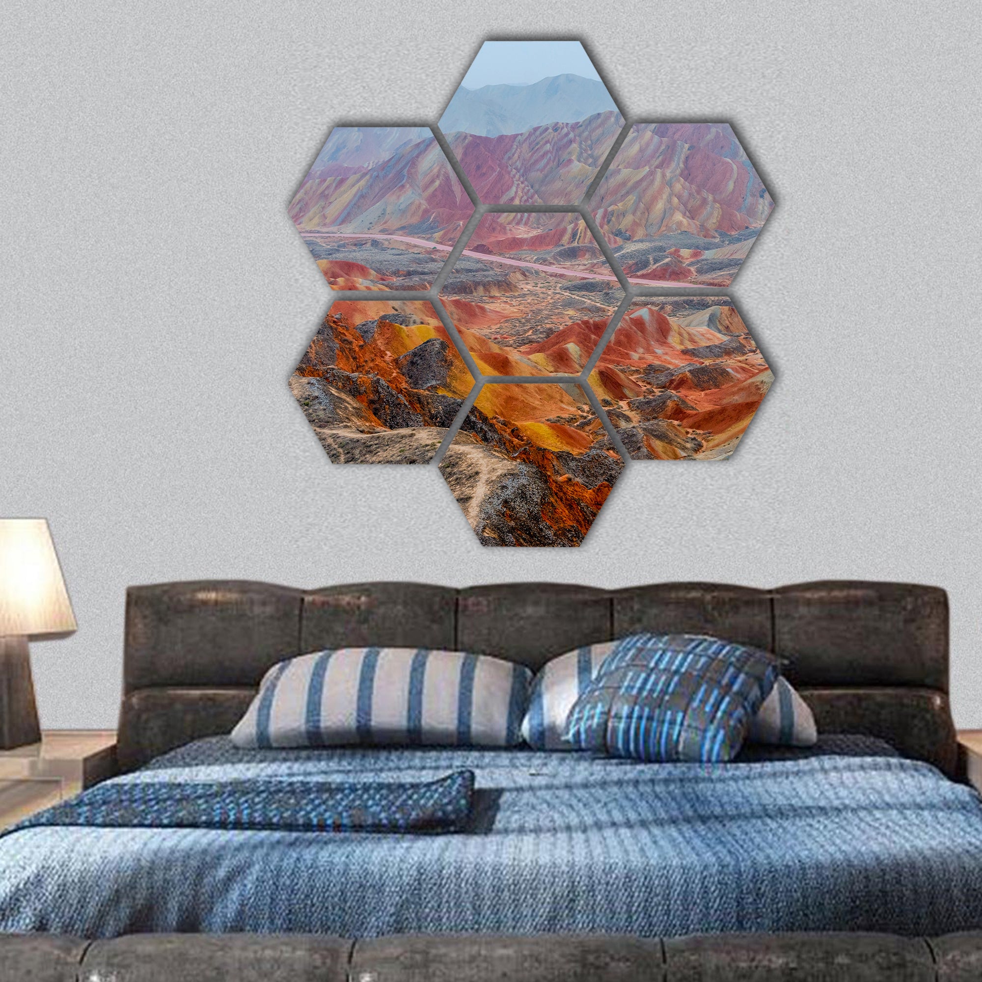 landscape of rainbow mountains at Zhangye Danxia Geopark hexagonal canvas wall art