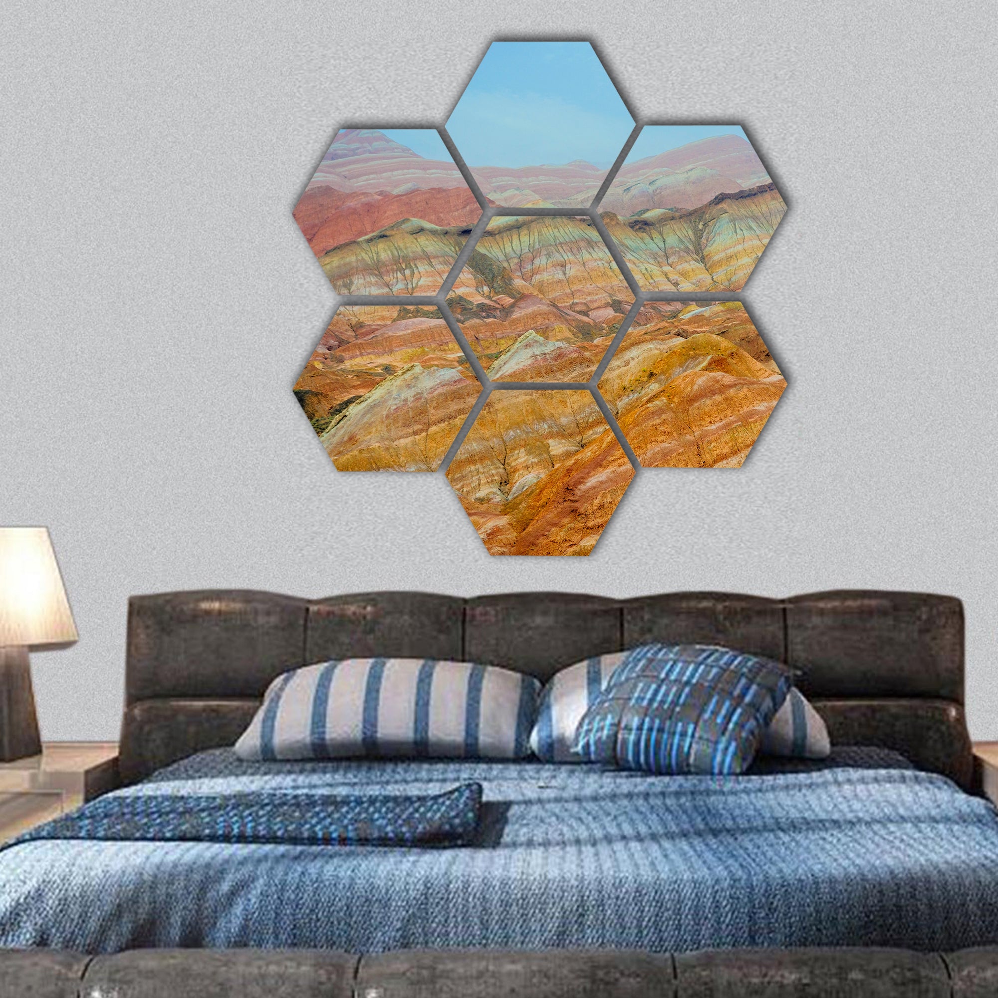 landscape of rainbow mountains at Zhangye Danxia Geopark hexagonal canvas wall art