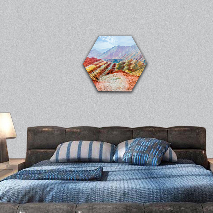 landscape of rainbow mountains at Zhangye Danxia Geopark hexagonal canvas wall art