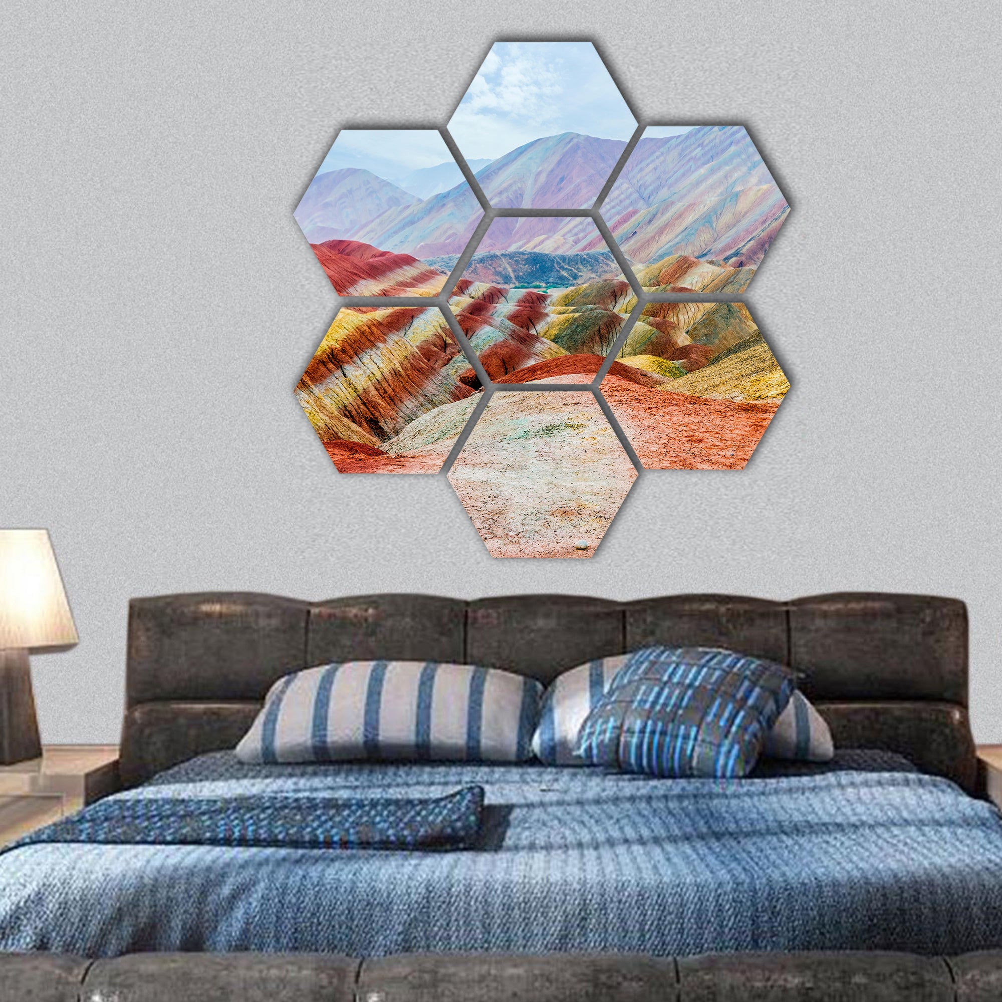 landscape of rainbow mountains at Zhangye Danxia Geopark hexagonal canvas wall art