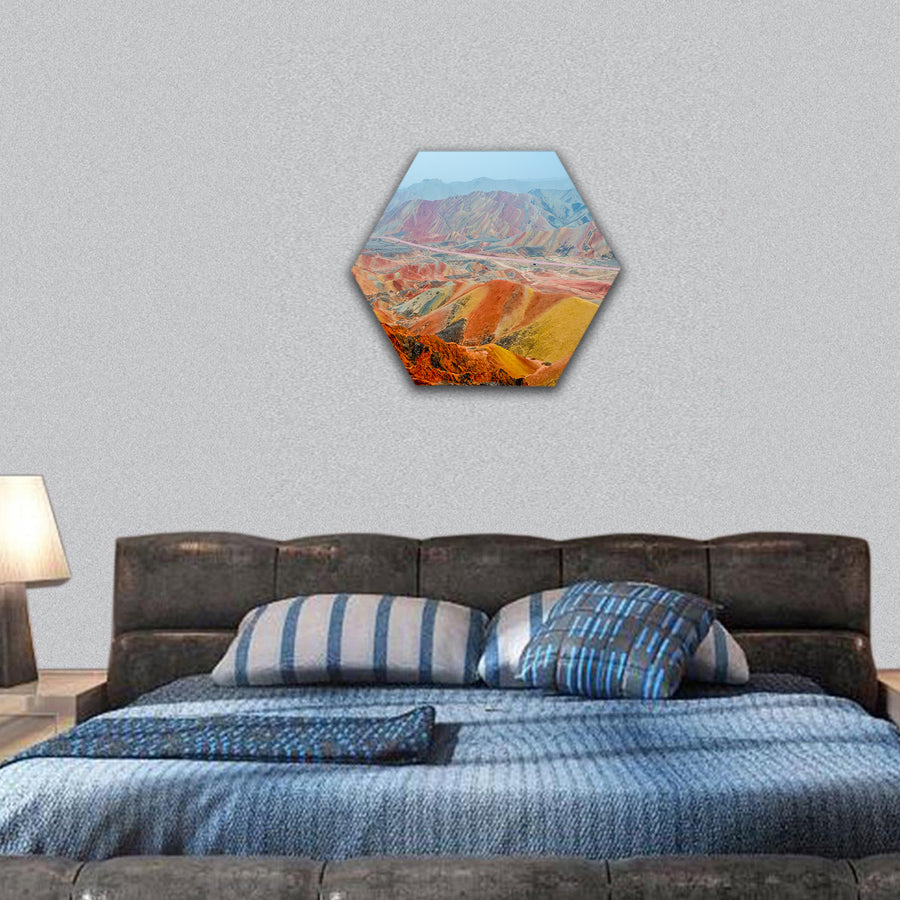landscape of rainbow mountains at Zhangye Danxia Geopark hexagonal canvas wall art