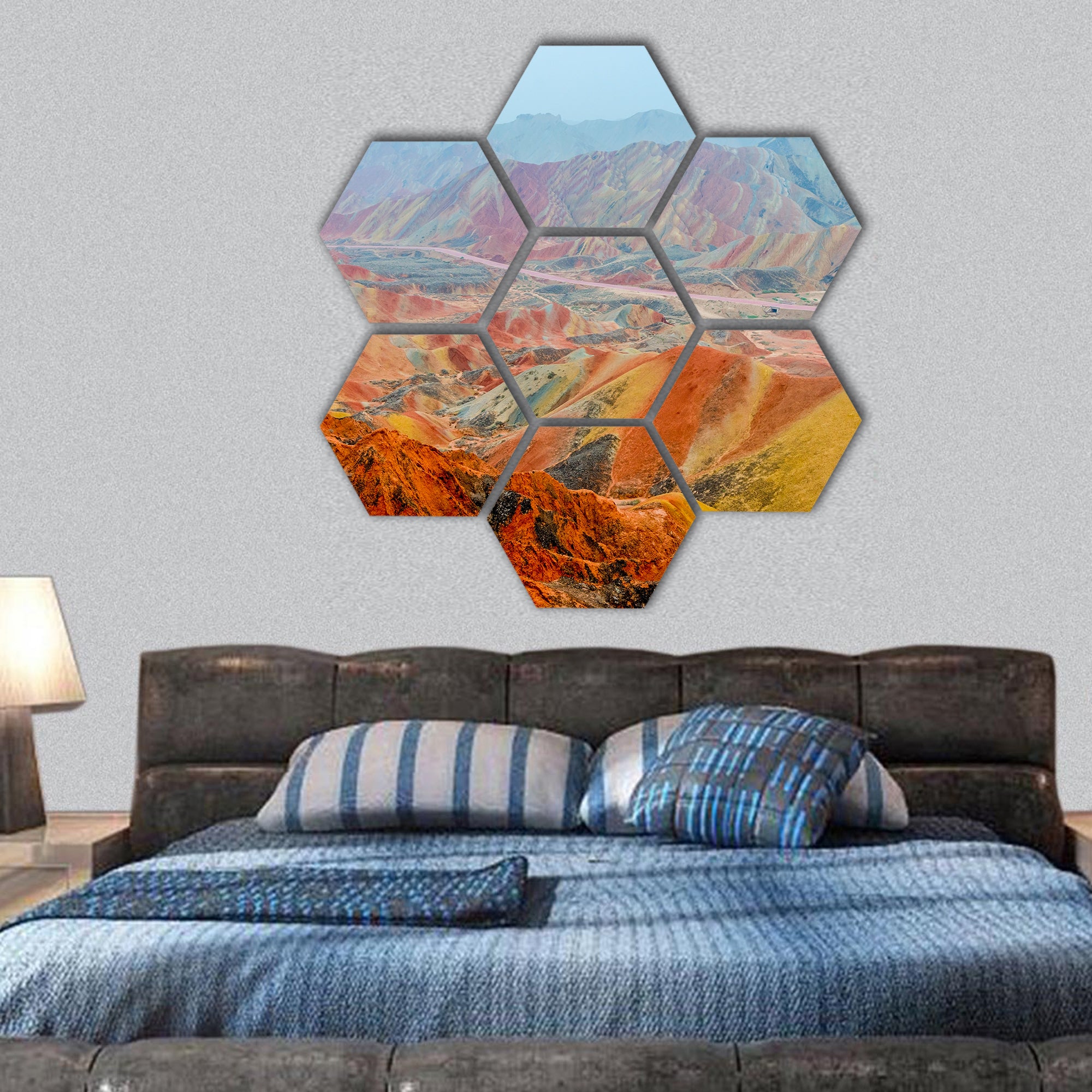 landscape of rainbow mountains at Zhangye Danxia Geopark hexagonal canvas wall art