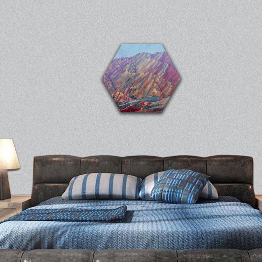 landscape of rainbow mountains at Zhangye Danxia Geopark hexagonal canvas wall art