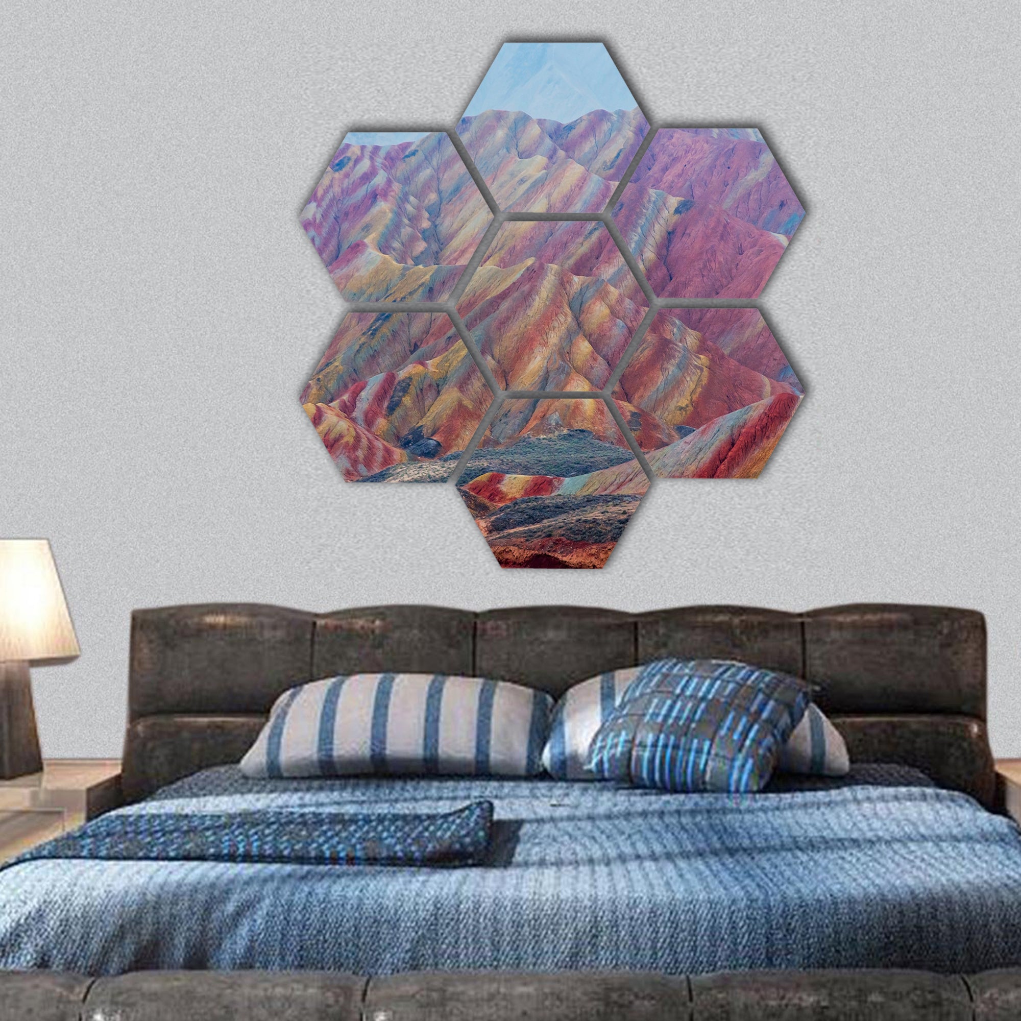 landscape of rainbow mountains at Zhangye Danxia Geopark hexagonal canvas wall art