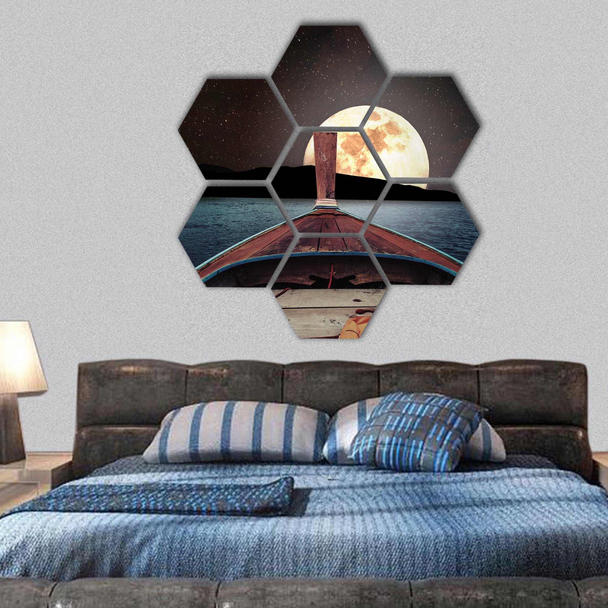 wooden boat at night with full moon and stars on sky hexagonal canvas wall art