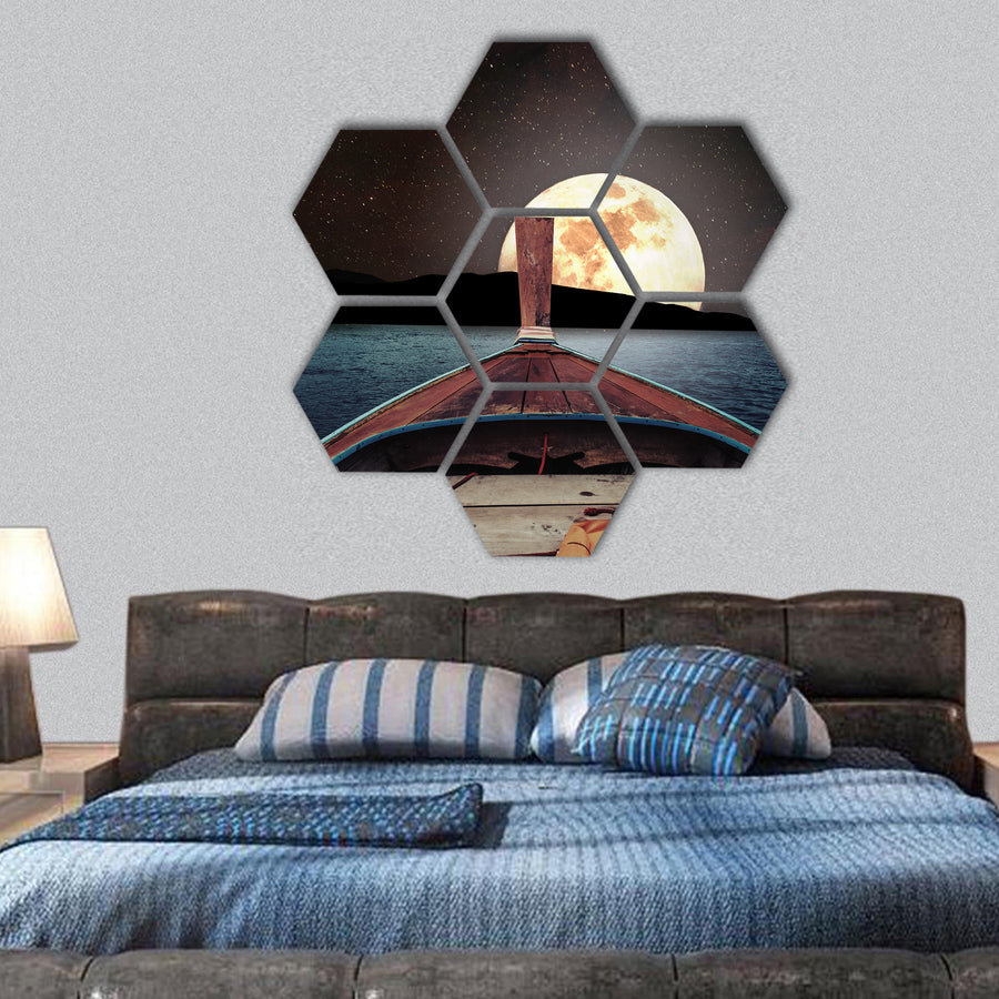wooden boat at night with full moon and stars on sky hexagonal canvas wall art