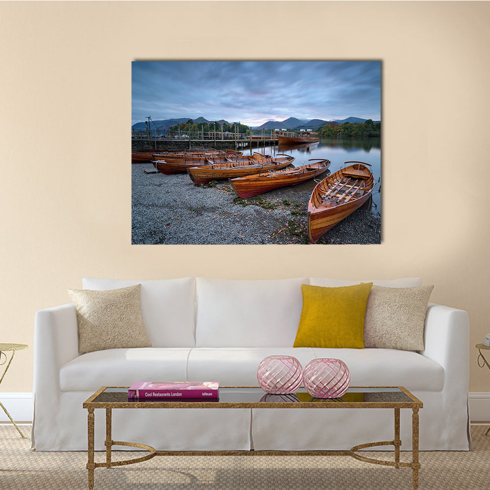 Boats on the shore of Derwentwater at Keswick in the Cumbria multi panel canvas wall art