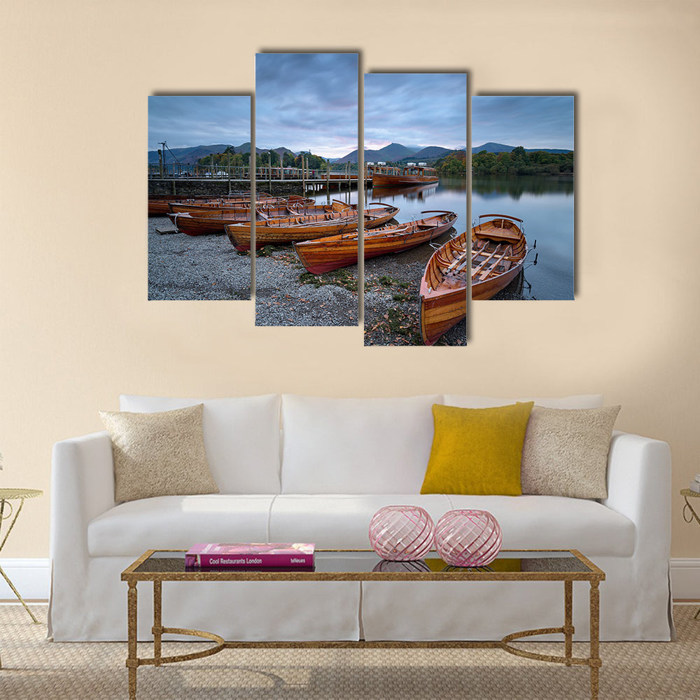 Boats on the shore of Derwentwater at Keswick in the Cumbria multi panel canvas wall art
