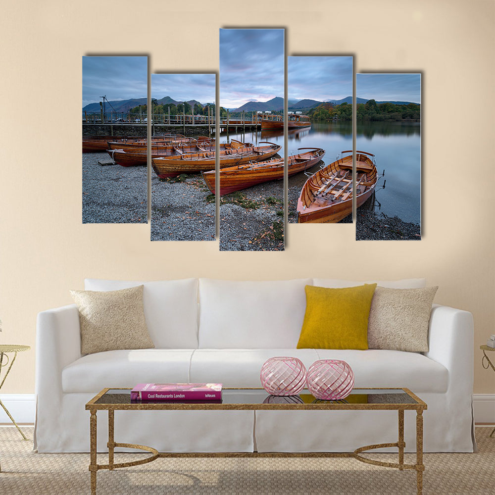 Boats on the shore of Derwentwater at Keswick in the Cumbria multi panel canvas wall art