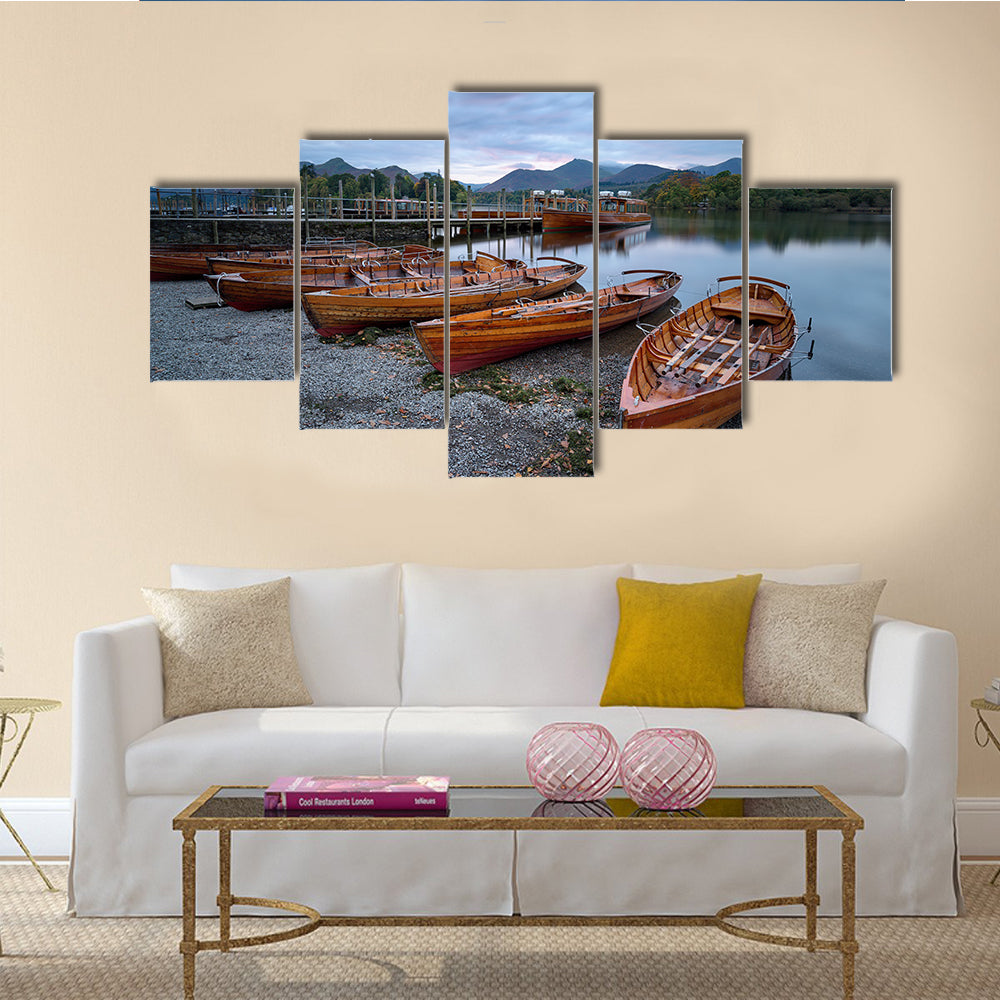 Boats on the shore of Derwentwater at Keswick in the Cumbria multi panel canvas wall art