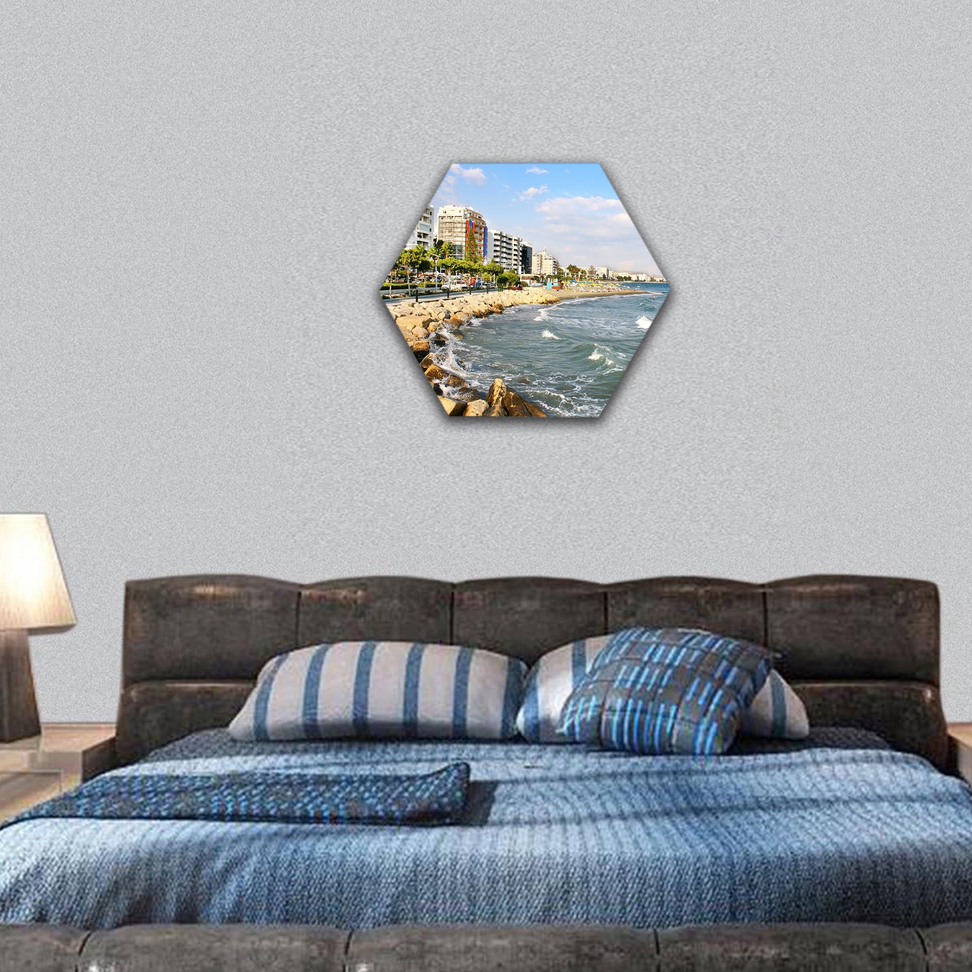 Public beach in Limassol, Cyprus hexagonal canvas wall art