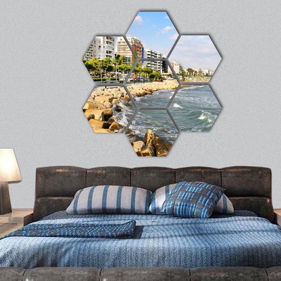 Public beach in Limassol, Cyprus hexagonal canvas wall art