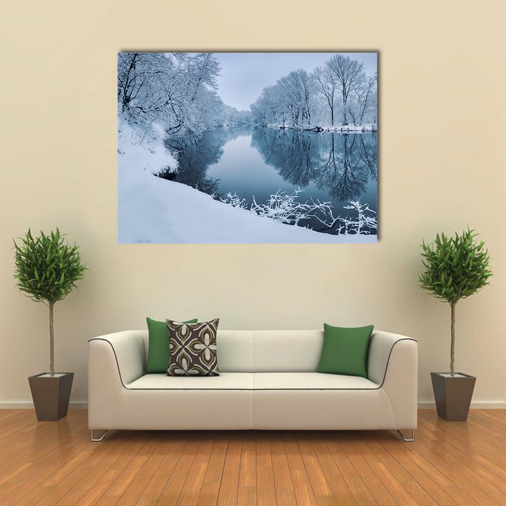 Winter Forest On The River At Sunset With The Colorful Landscape And Snowy Trees, Multi Panel Canvas Wall Art
