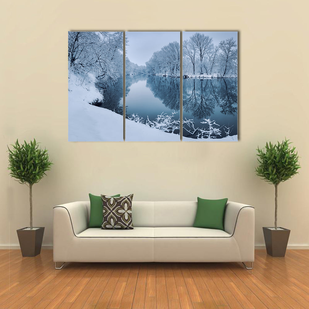 Winter Forest On The River At Sunset With The Colorful Landscape And Snowy Trees, Multi Panel Canvas Wall Art