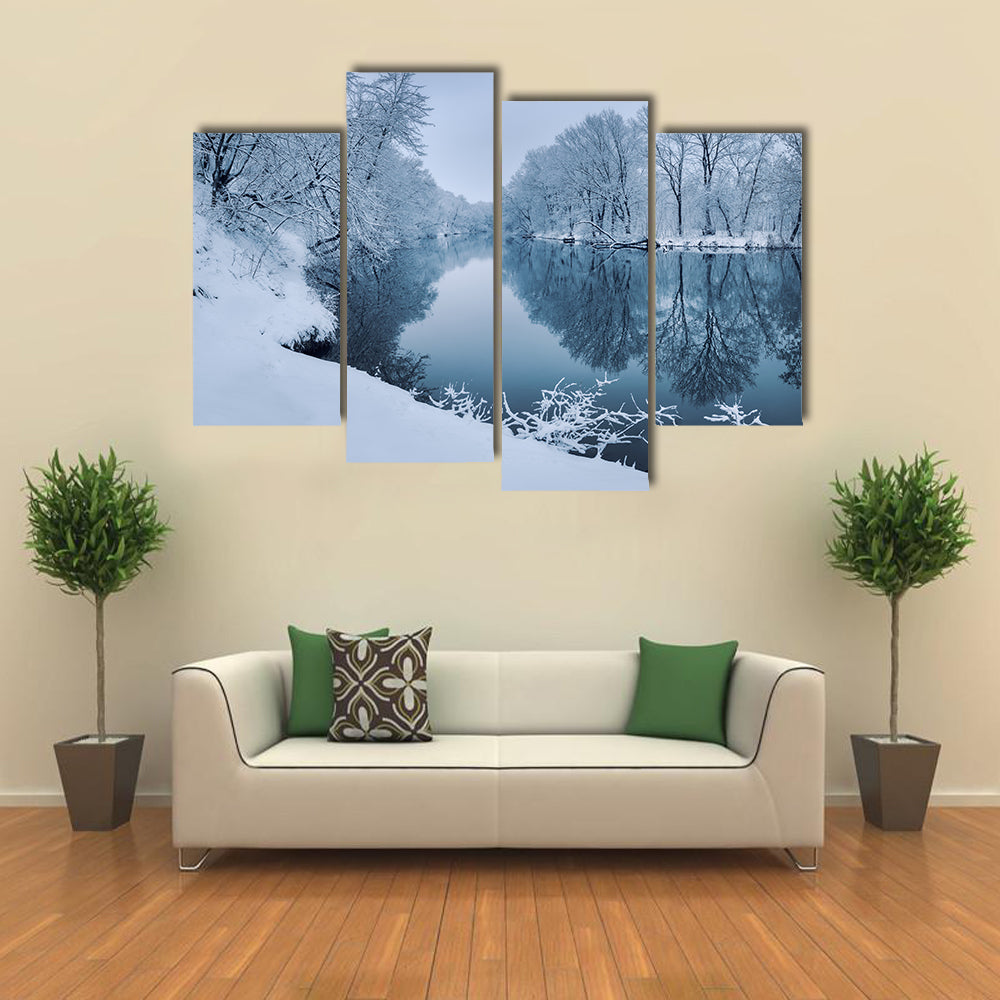 Winter Forest On The River At Sunset With The Colorful Landscape And Snowy Trees, Multi Panel Canvas Wall Art