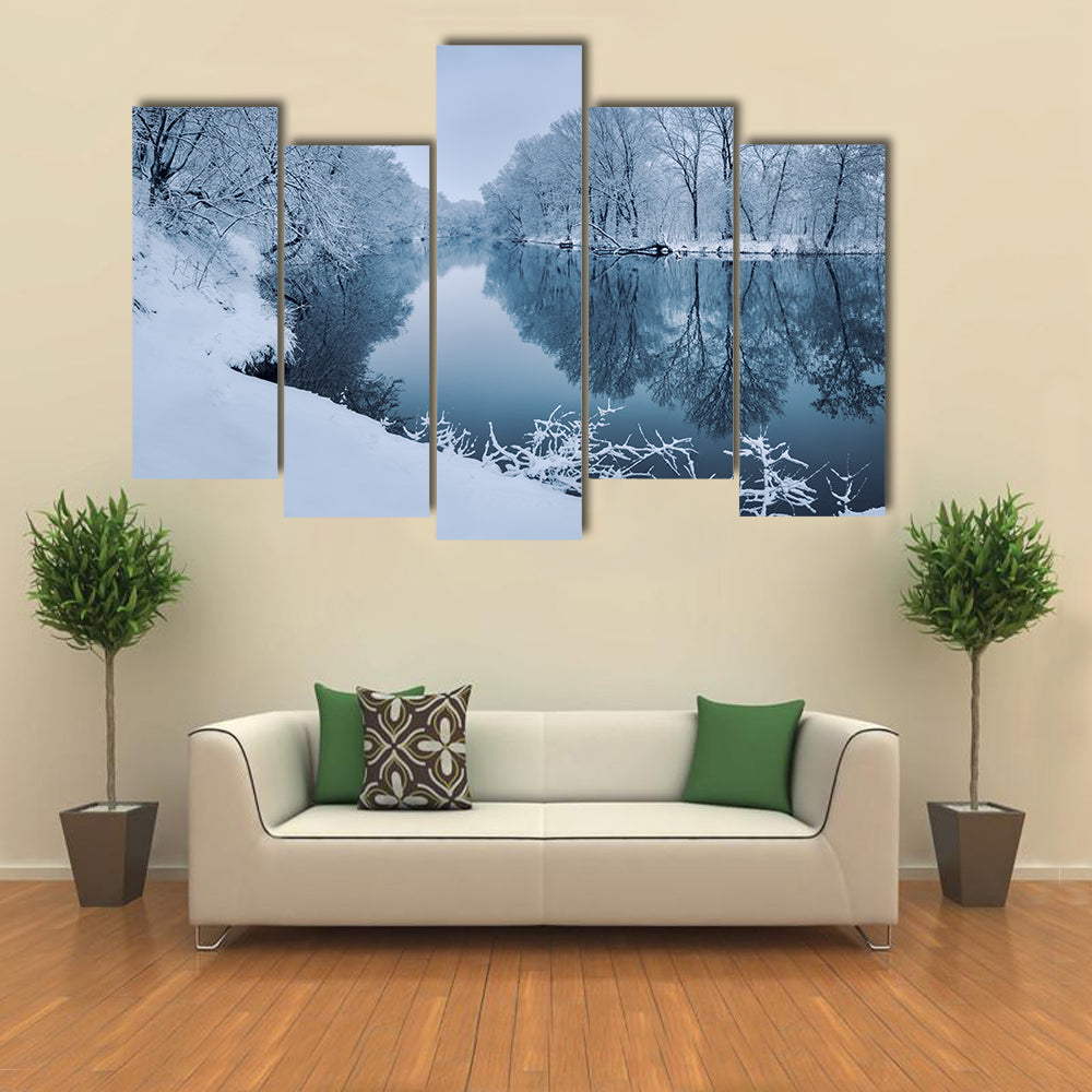 Winter Forest On The River At Sunset With The Colorful Landscape And Snowy Trees, Multi Panel Canvas Wall Art