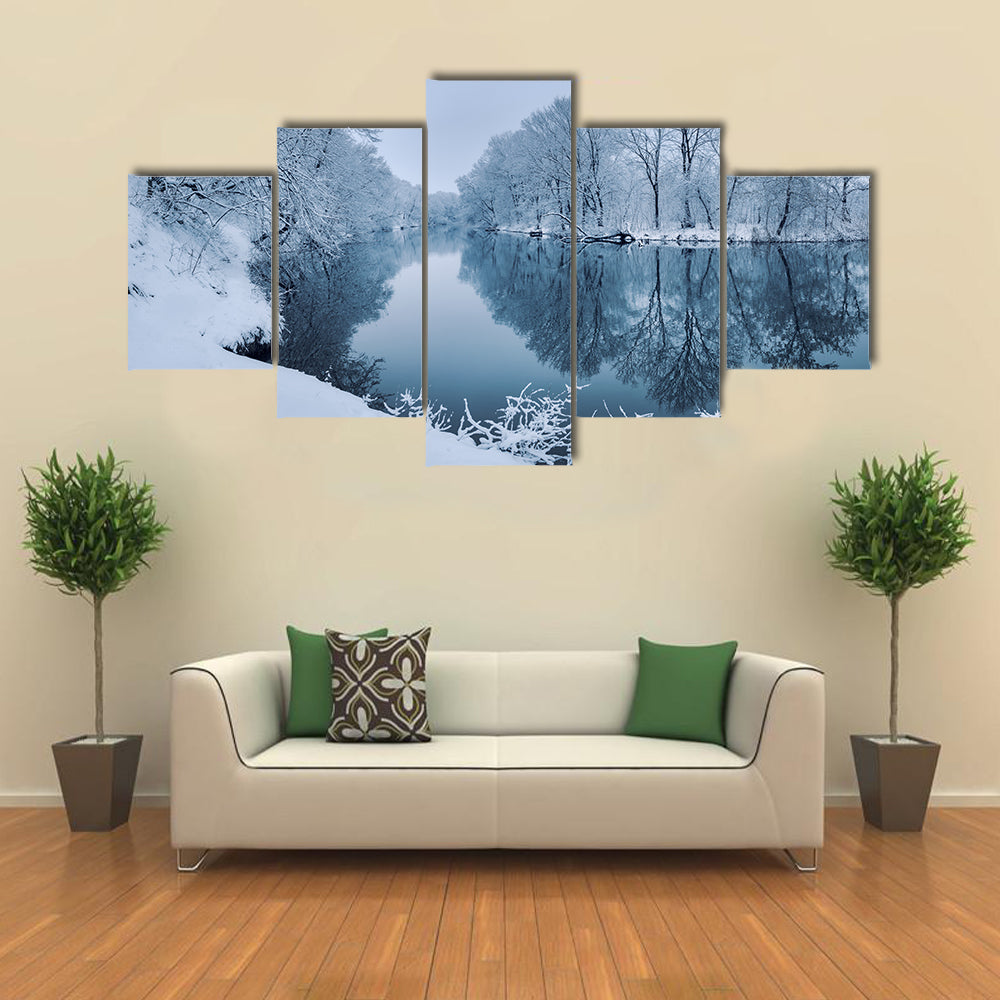 Winter Forest On The River At Sunset With The Colorful Landscape And Snowy Trees, Multi Panel Canvas Wall Art