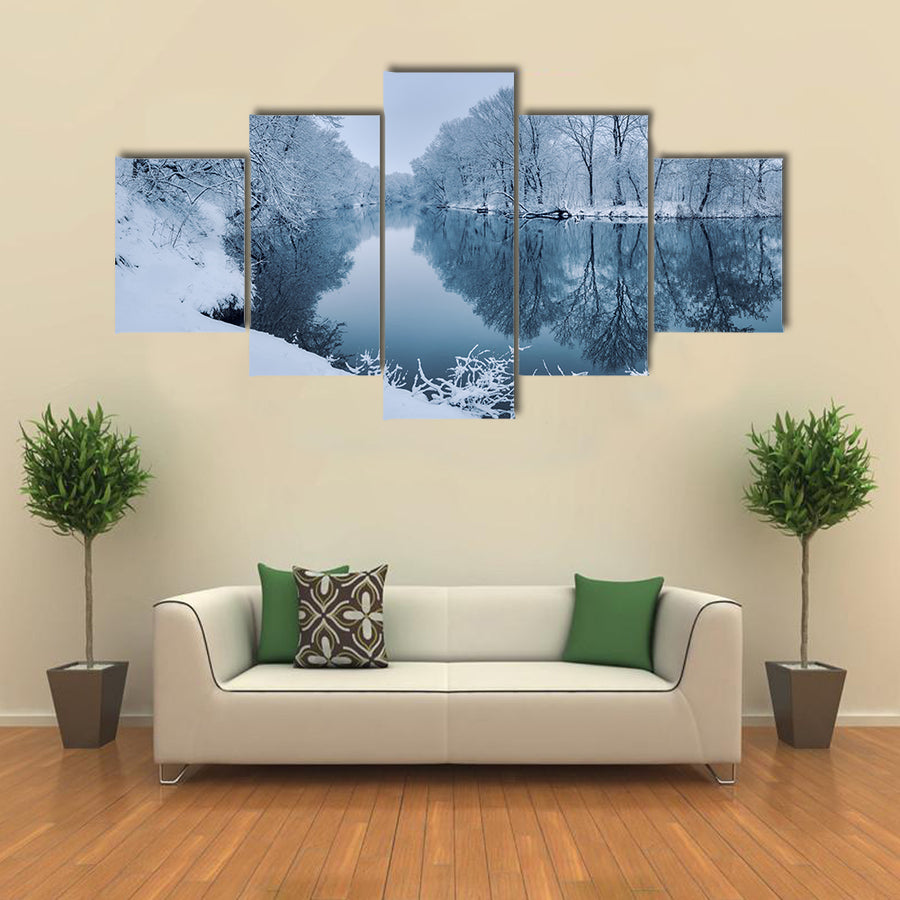 Winter Forest On The River At Sunset With The Colorful Landscape And Snowy Trees, Multi Panel Canvas Wall Art